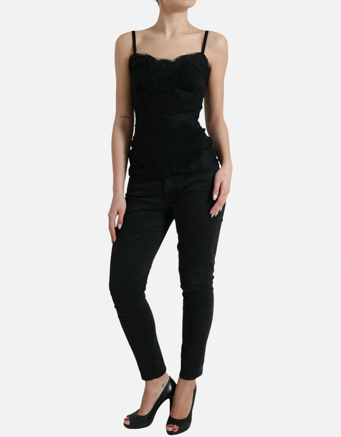 Stretch Lace Tank Top with Back Zipper Closure and Logo Details Women