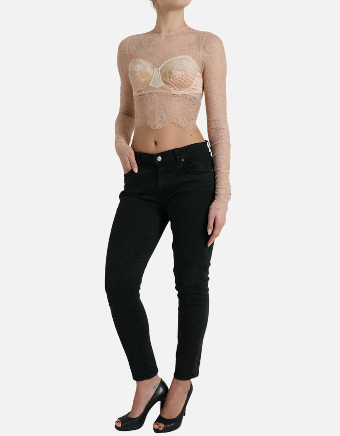 Lace Bustier Cropped Top with Back Zipper Closure and Logo Details.