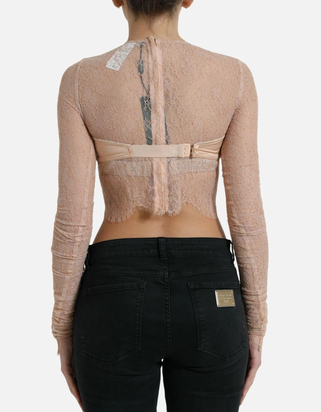 Lace Bustier Cropped Top with Back Zipper Closure and Logo Details.