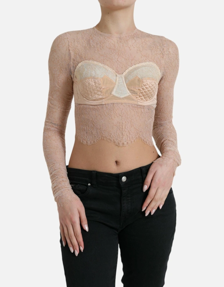 Lace Bustier Cropped Top with Back Zipper Closure and Logo Details.
