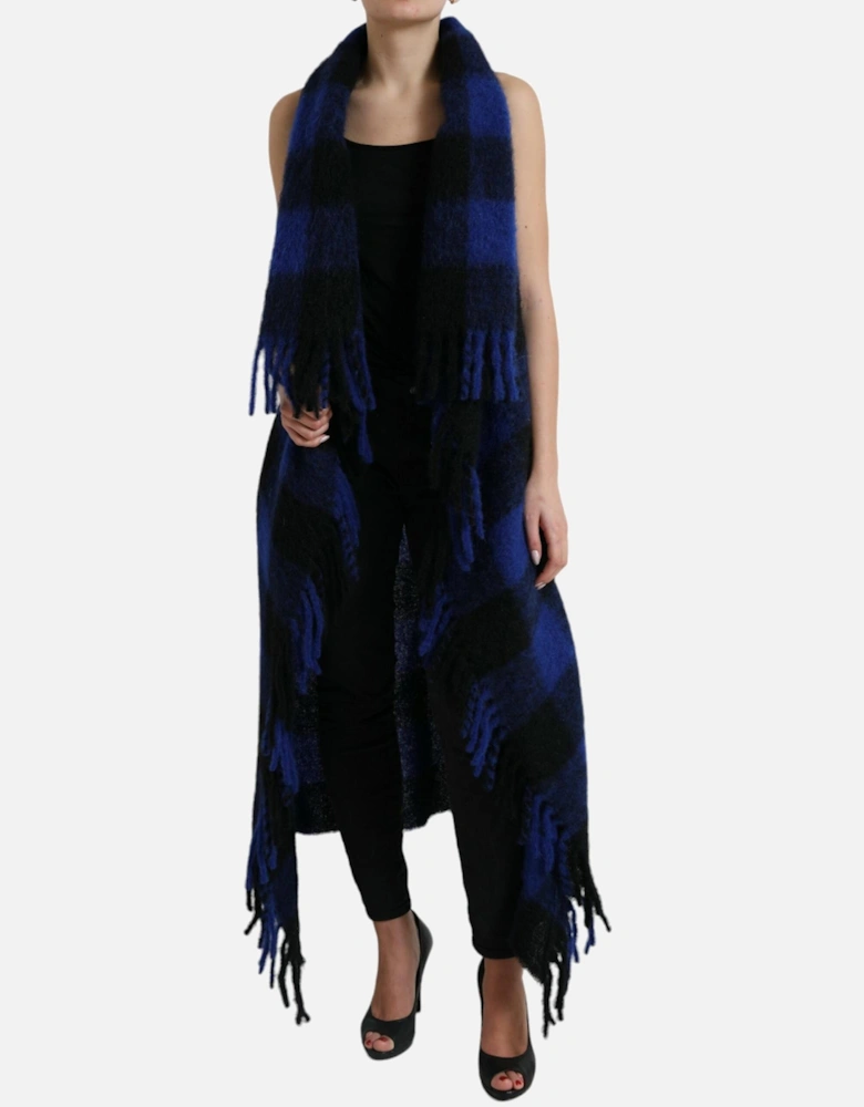 Sleeveless Poncho Cardigan Sweater with Buffalo Check Pattern and