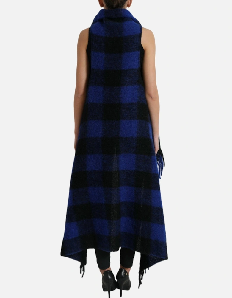 Sleeveless Poncho Cardigan Sweater with Buffalo Check Pattern and