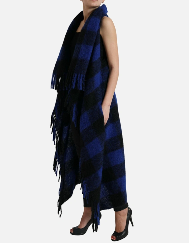 Sleeveless Poncho Cardigan Sweater with Buffalo Check Pattern and