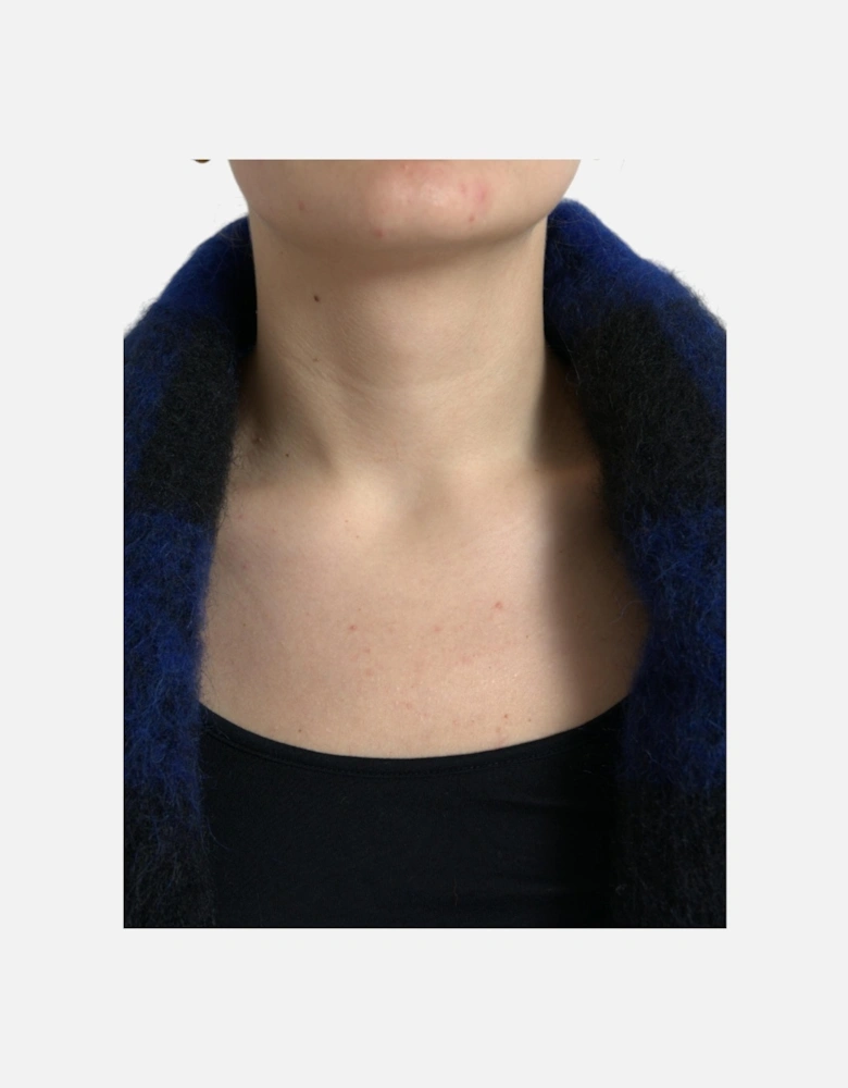 Sleeveless Poncho Cardigan Sweater with Buffalo Check Pattern and