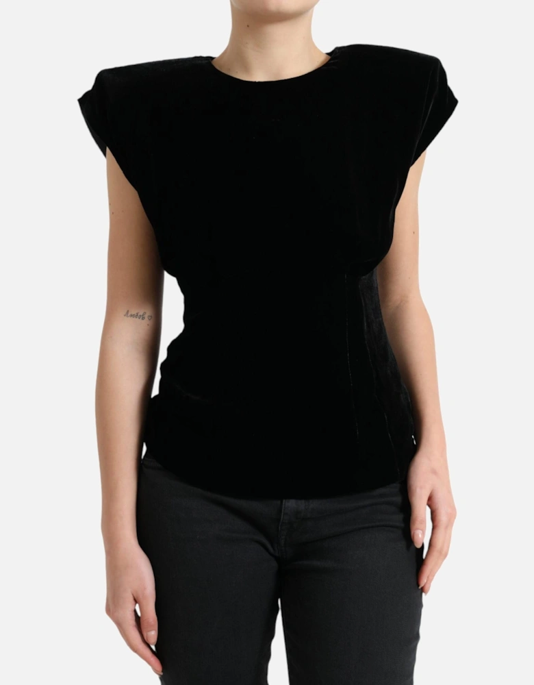 Velvet Padded Shoulder Top Women - Black T-Shirts