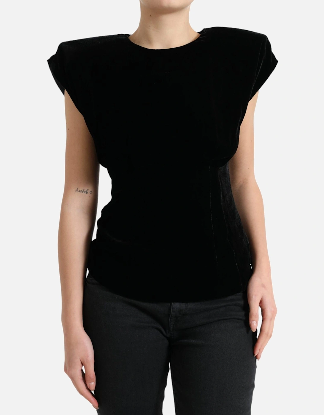 Velvet Padded Shoulder Top Women - Black T-Shirts, 6 of 5