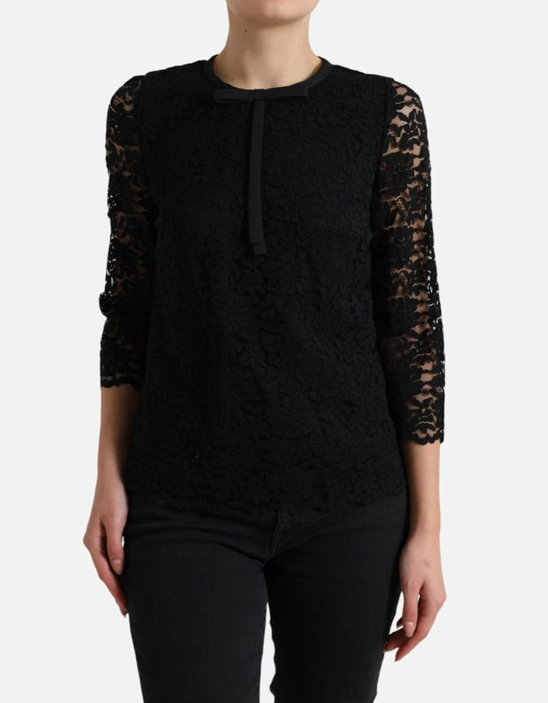 Lace Top Bow Detail 34 Sleeves Women - Black T-Shirts, 7 of 6