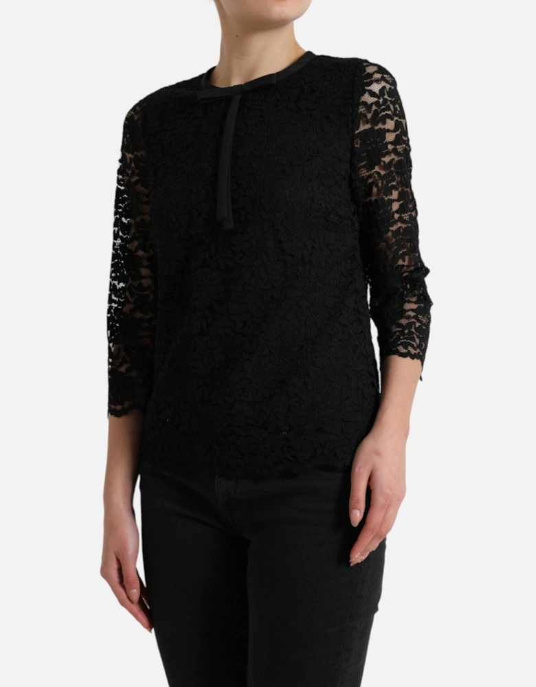 Lace Top Bow Detail 34 Sleeves Women - Black T-Shirts