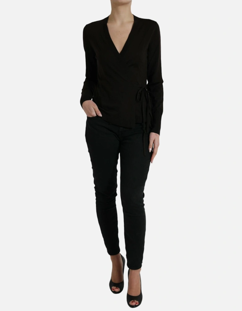 Virgin Wool Crossed Cardigan Sweater with Logo Details Women - Black