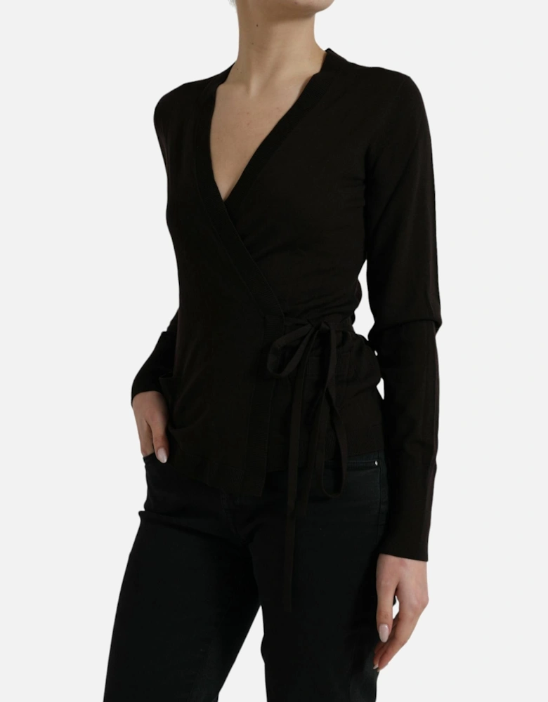 Virgin Wool Crossed Cardigan Sweater with Logo Details Women - Black