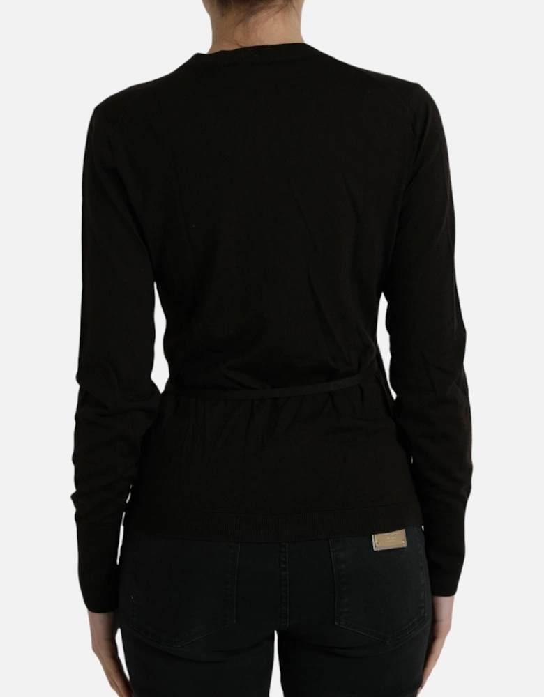 Virgin Wool Crossed Cardigan Sweater with Logo Details Women - Black