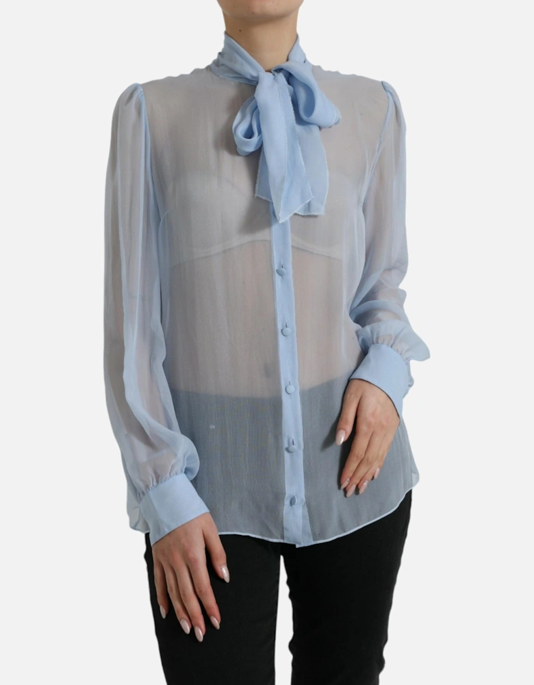 Silk Long Sleeve Blouse with Ascot Collar and Button Closure Women -