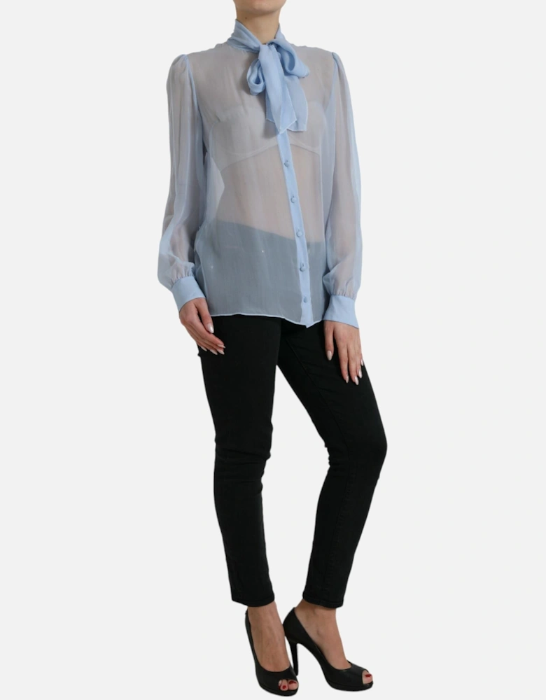 Silk Long Sleeve Blouse with Ascot Collar and Button Closure Women -
