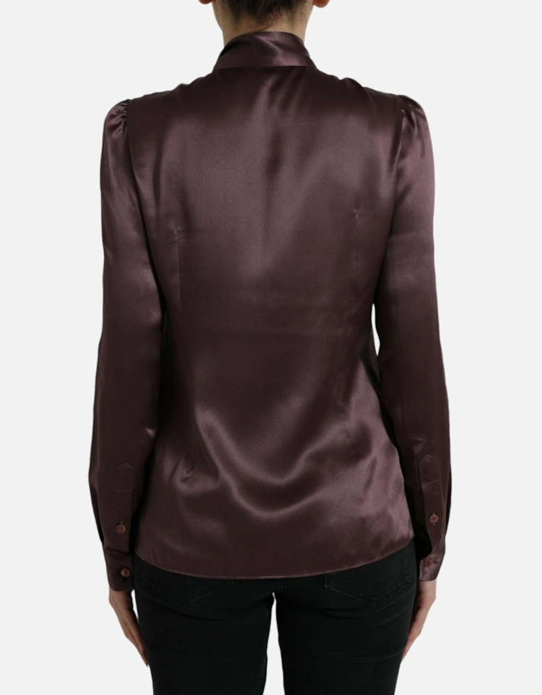 Silk Long Sleeve Blouse Top with Button Closure by Women - Brown