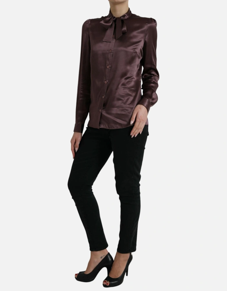 Silk Long Sleeve Blouse Top with Button Closure by Women - Brown