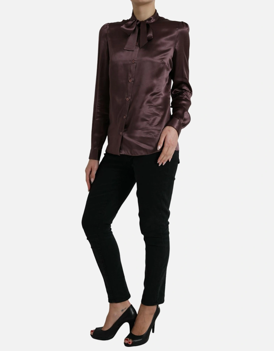 Silk Long Sleeve Blouse Top with Button Closure by Women - Brown