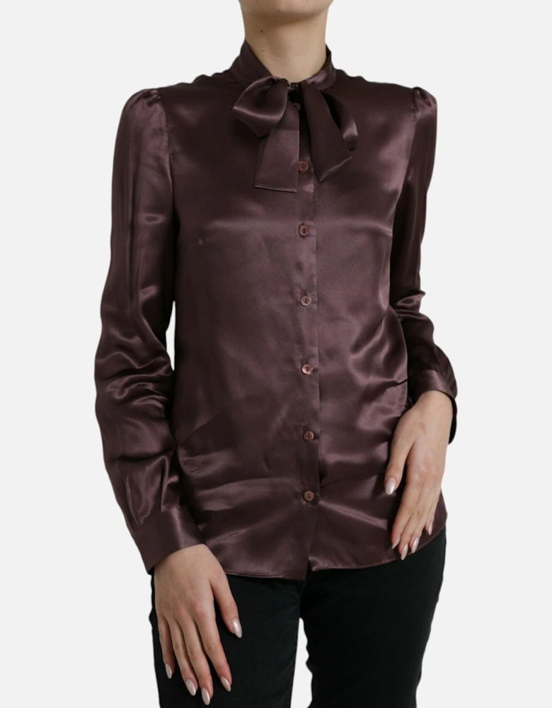 Silk Long Sleeve Blouse Top with Button Closure by Women - Brown