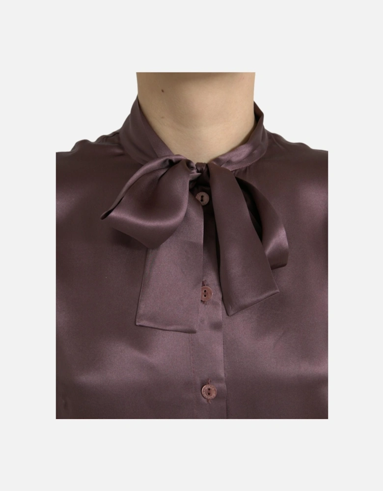 Silk Long Sleeve Blouse Top with Button Closure by Women - Brown
