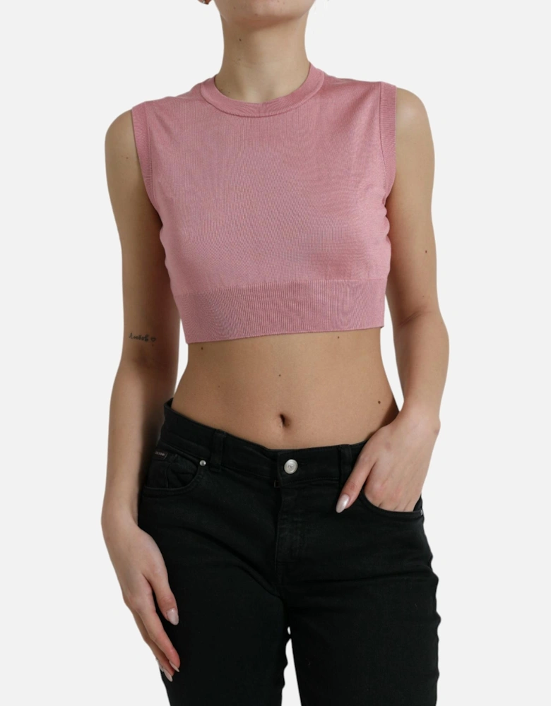 Crew Neck Silk Tank Top with Logo Details Women - Pink T-Shirts