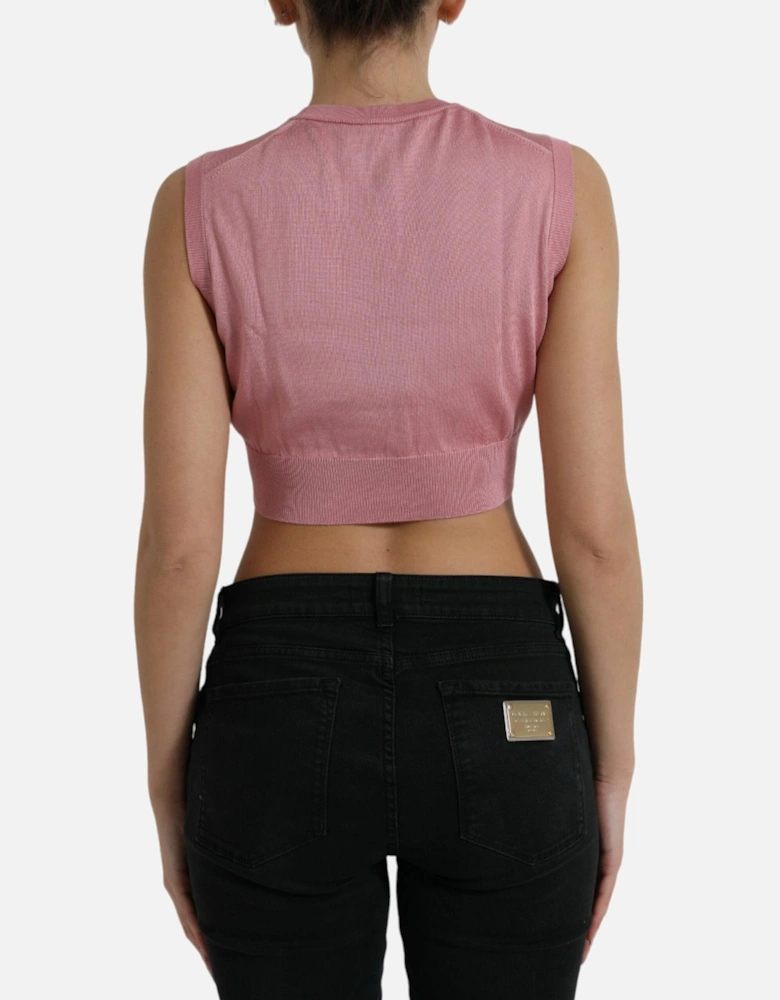 Crew Neck Silk Tank Top with Logo Details Women - Pink T-Shirts