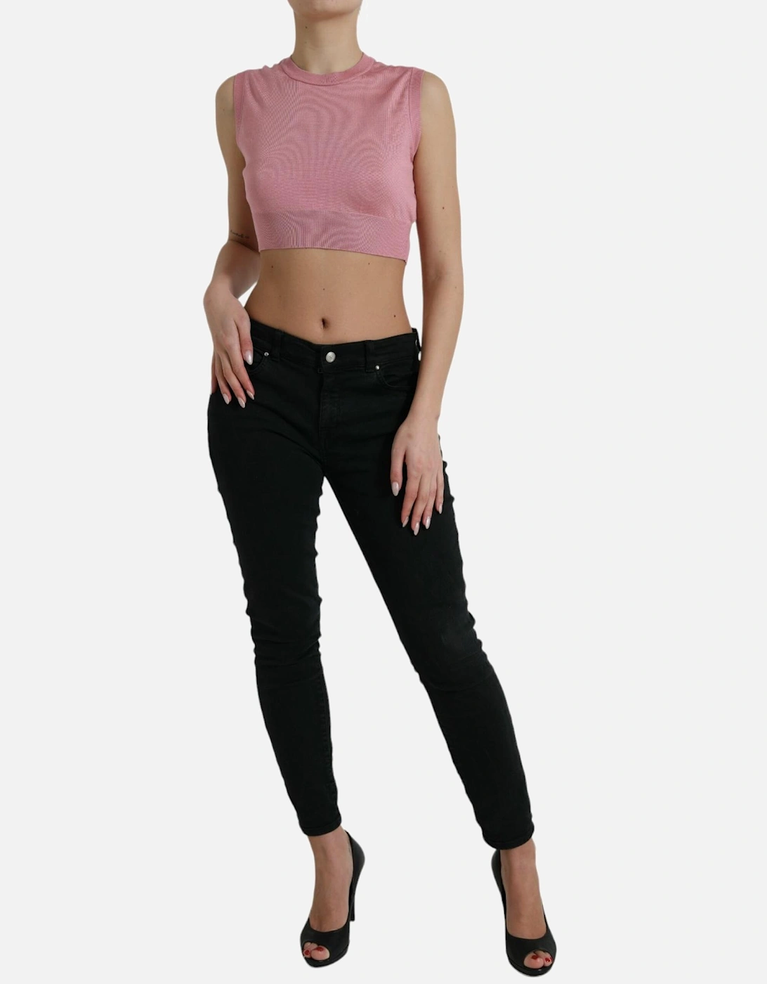 Crew Neck Silk Tank Top with Logo Details Women - Pink T-Shirts