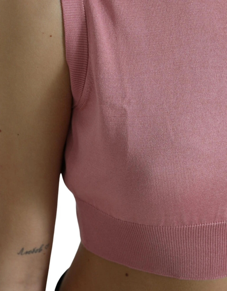 Crew Neck Silk Tank Top with Logo Details Women - Pink T-Shirts