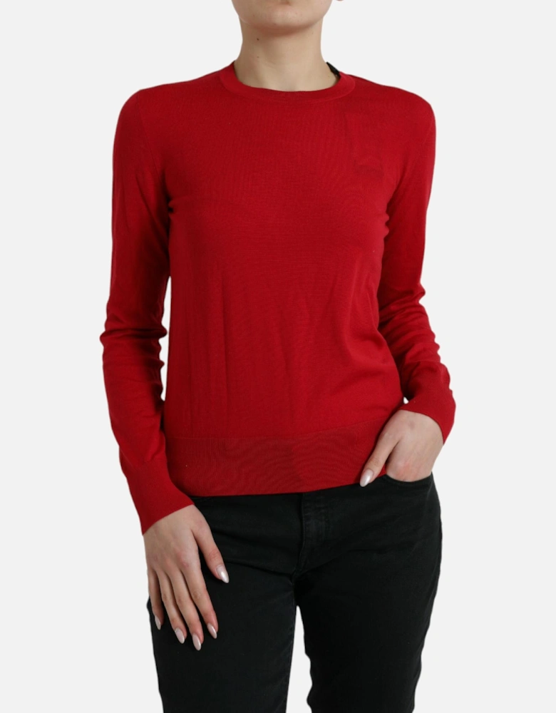 Red Virgin Wool Pullover Sweater with Logo Details Women