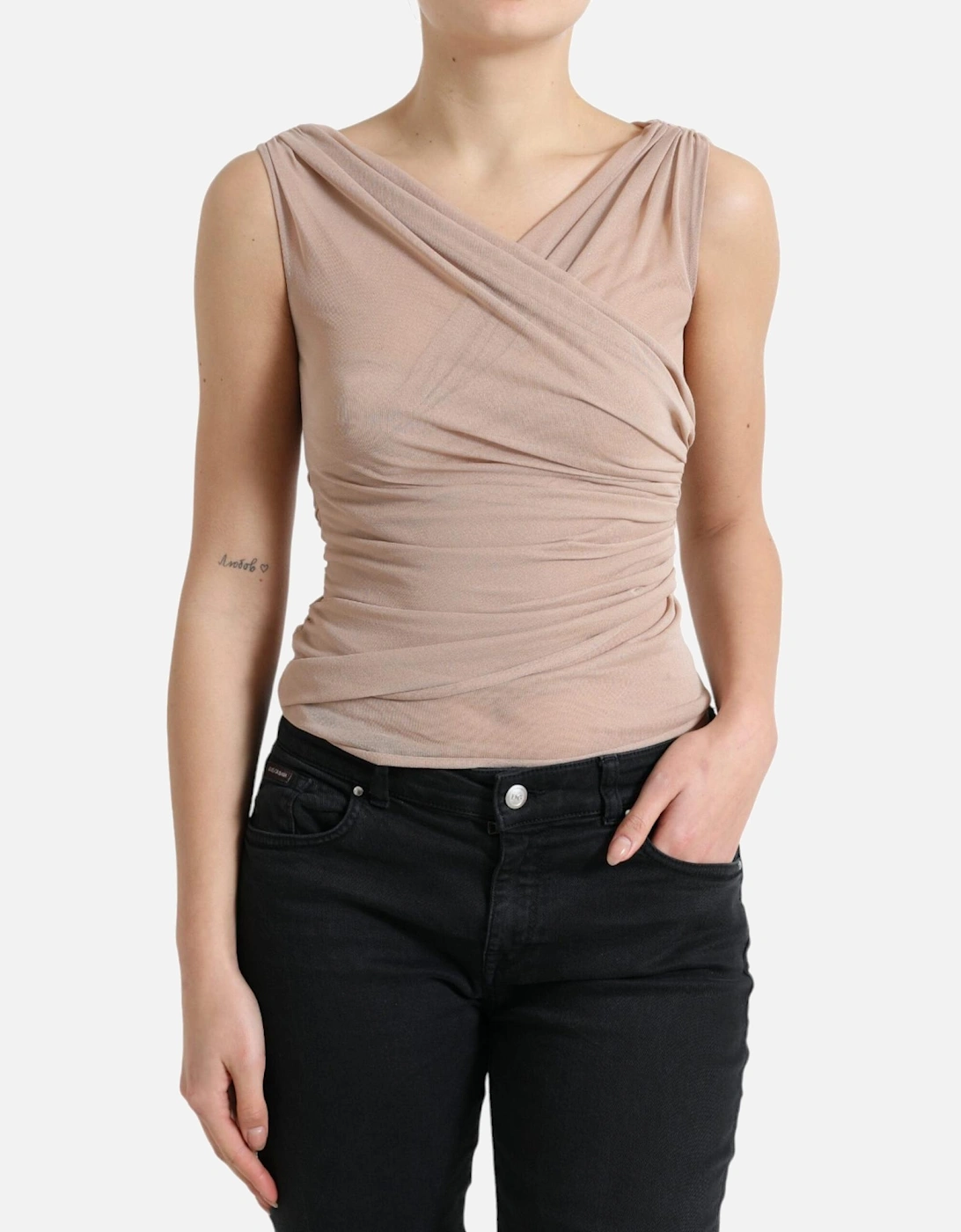 Elegant V-Neck Sleeveless Sheer Tank Top Women - Beige T-Shirts, 7 of 6