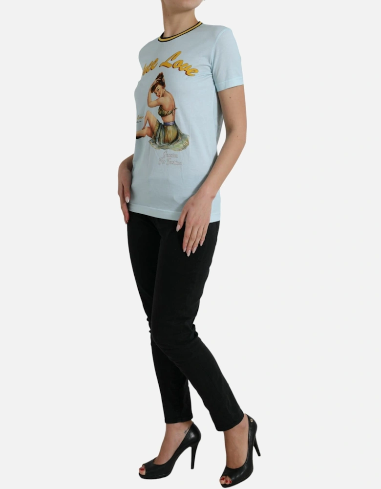 Printed Crew Neck Cotton T-Shirt Women - Light Blue