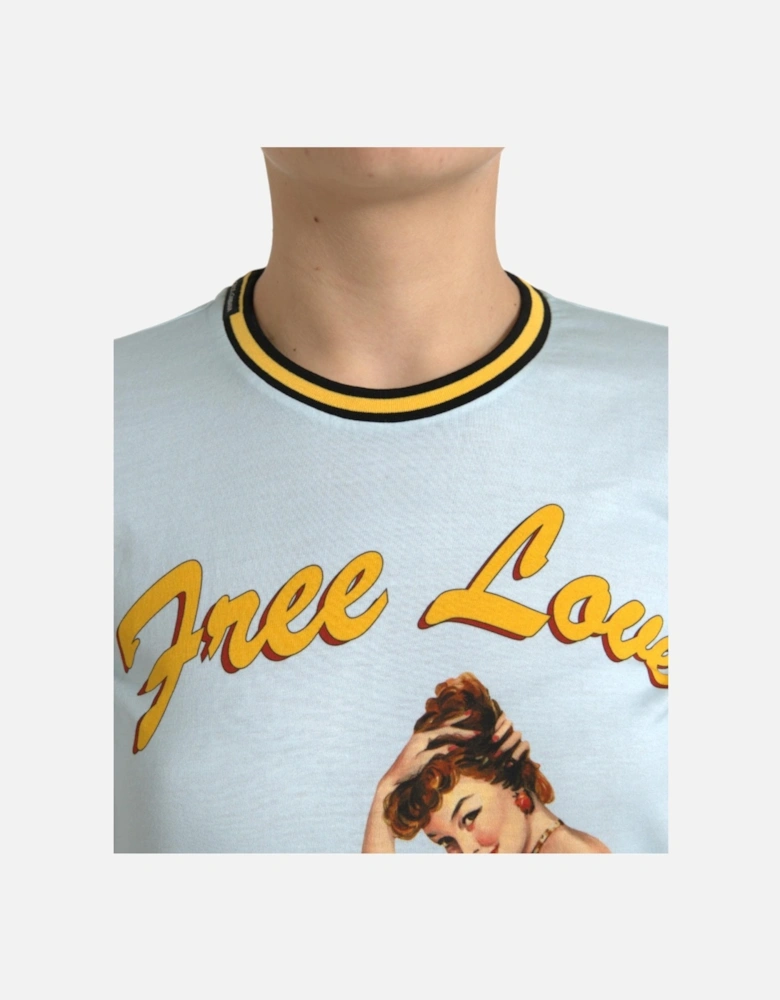 Printed Crew Neck Cotton T-Shirt Women - Light Blue