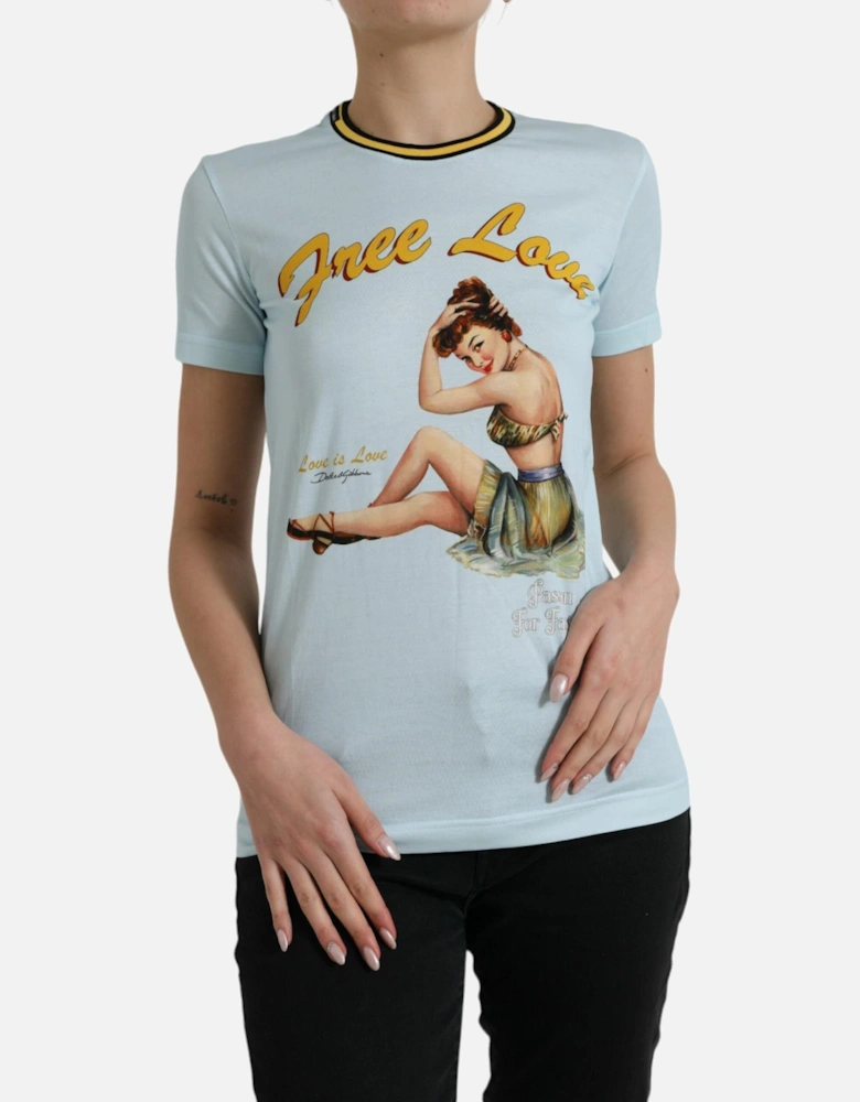 Printed Crew Neck Cotton T-Shirt Women - Light Blue