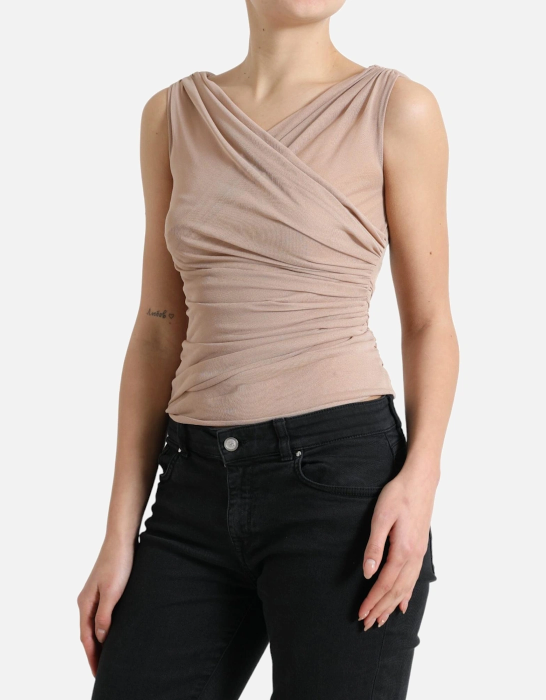 Elegant V-Neck Sleeveless Sheer Tank Top Women - Beige T-Shirts