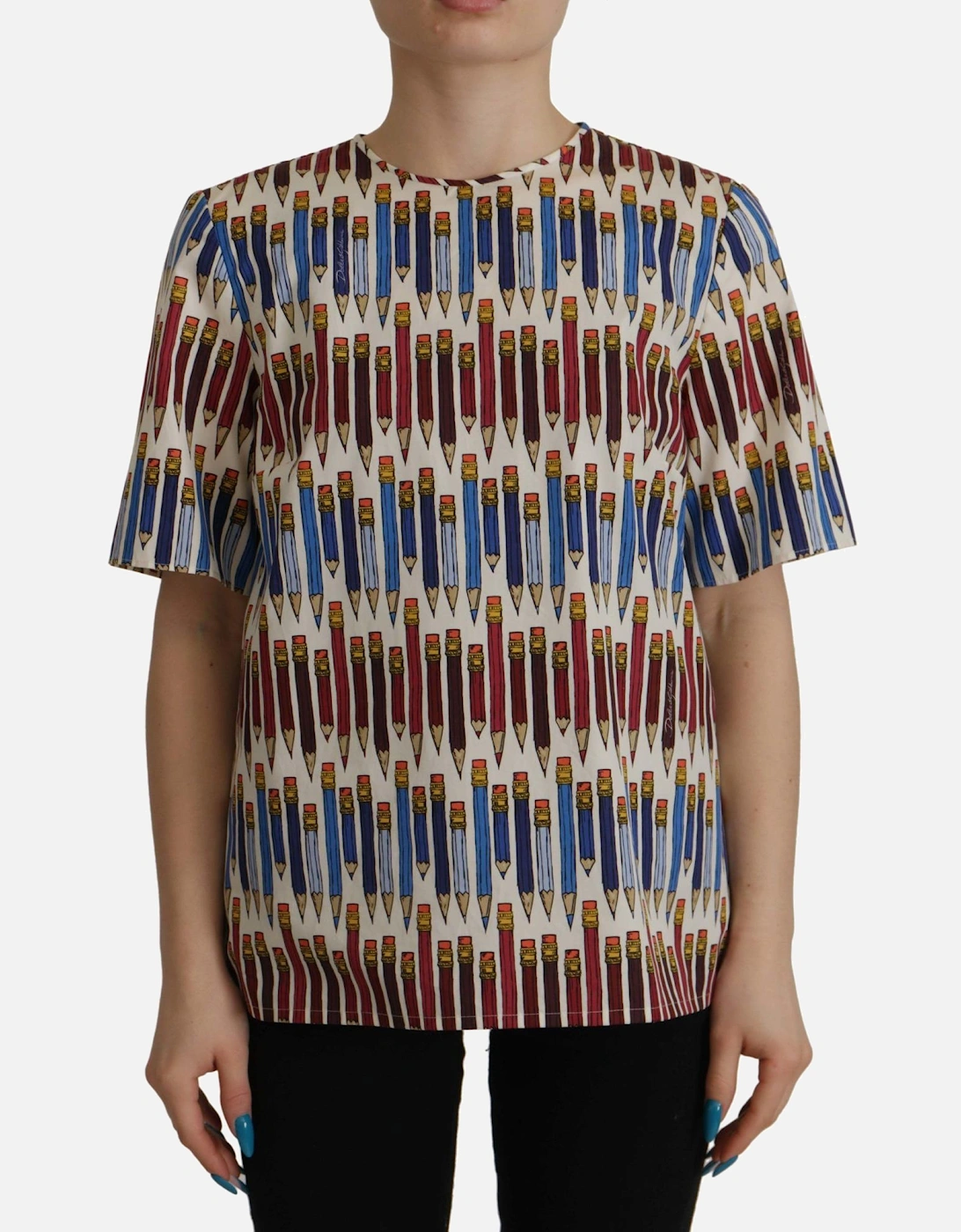 Dolce & Gabbana Women's White Pencil Print Blouse Tsh7836 - T-Shirts - : Size 14
