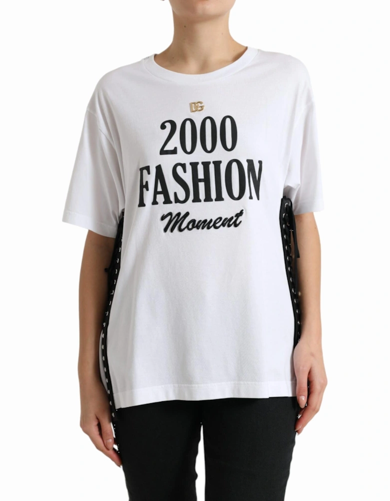 White Slogan Print Lace Up T-Shirt with Logo Plaque Women