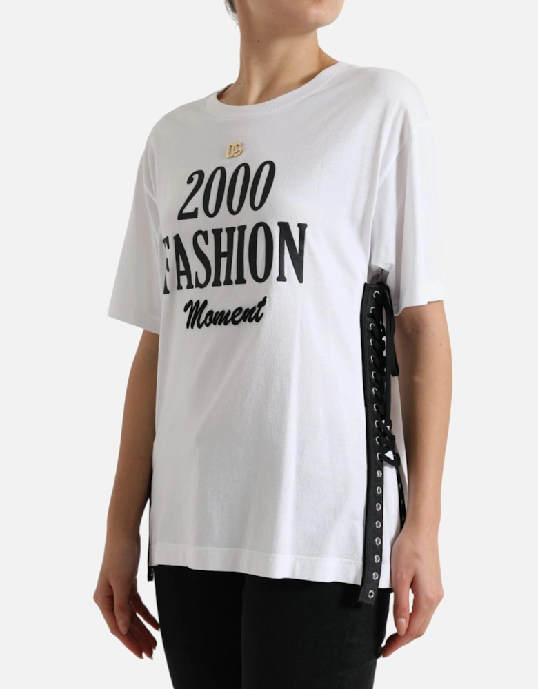 White Slogan Print Lace Up T-Shirt with Logo Plaque Women