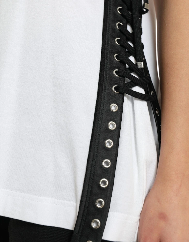 White Slogan Print Lace Up T-Shirt with Logo Plaque Women
