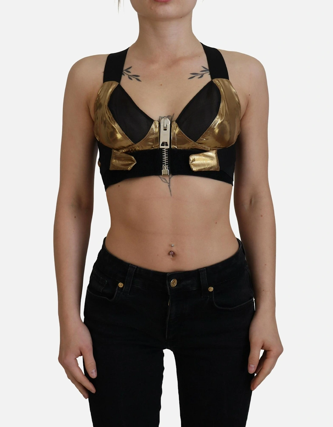 Metallic ZipFront Racerback Top Women - Gold Black T-Shirts, 7 of 6