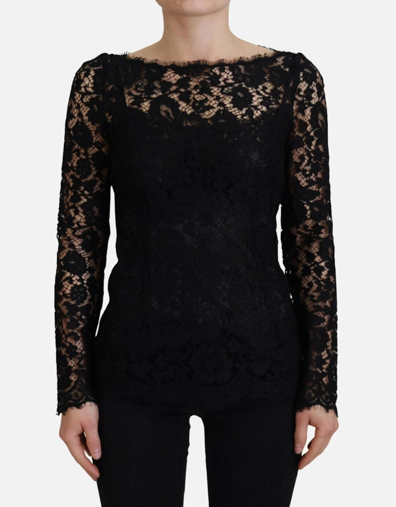 Lace Top Long Sleeve Boat Neck Women - Black T-Shirts