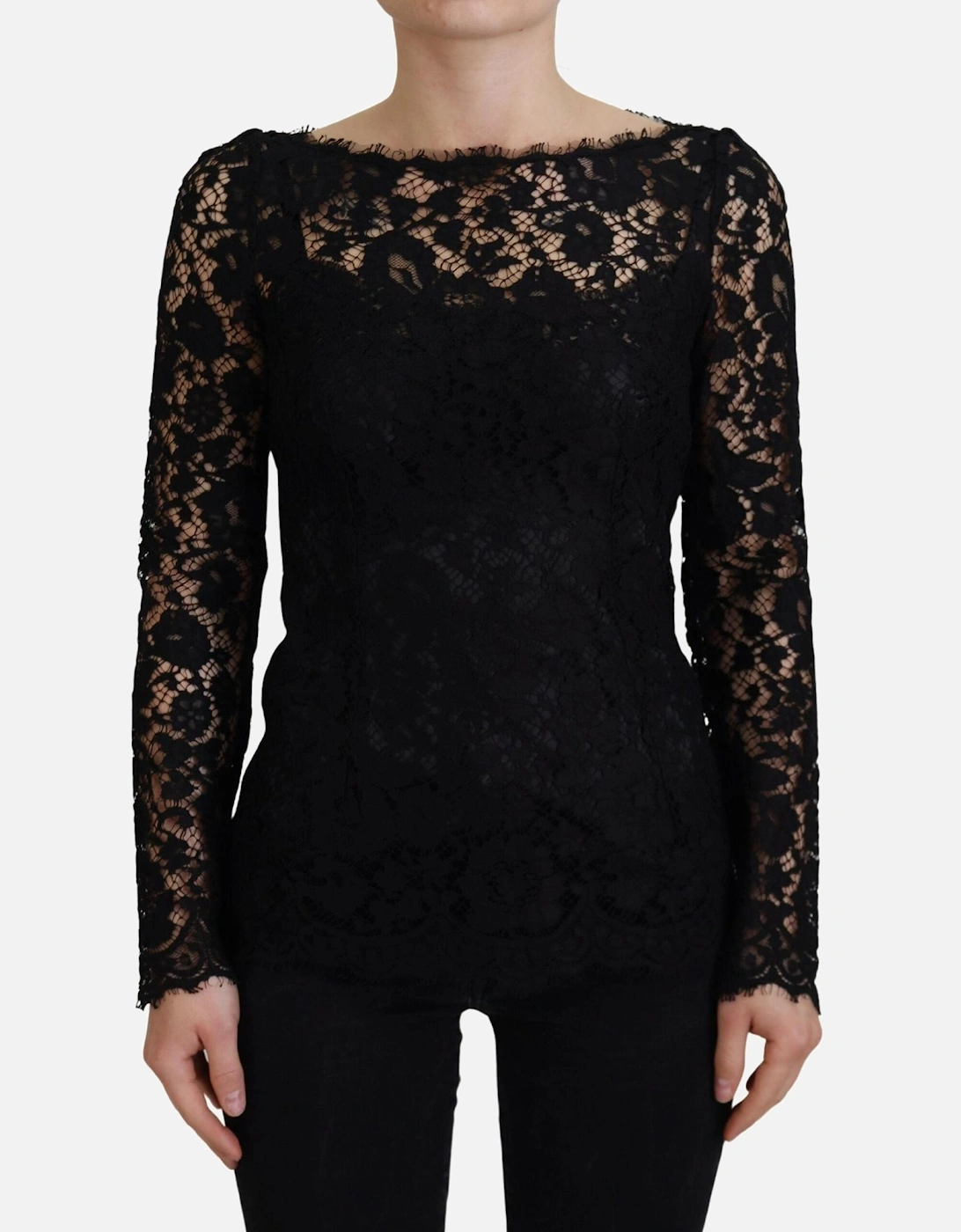 Lace Top Long Sleeve Boat Neck Women - Black T-Shirts, 7 of 6