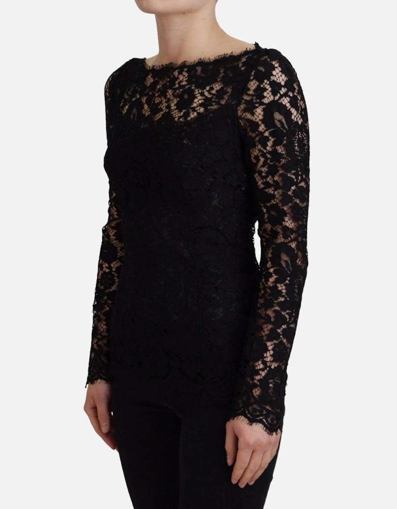 Lace Top Long Sleeve Boat Neck Women - Black T-Shirts