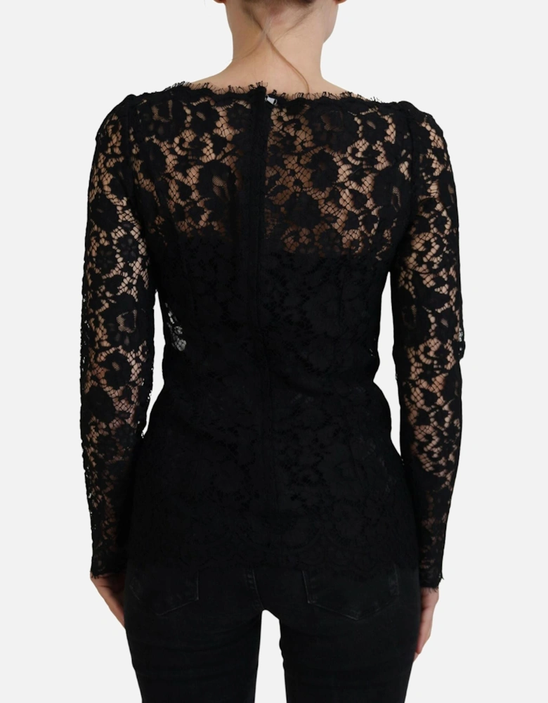 Lace Top Long Sleeve Boat Neck Women - Black T-Shirts