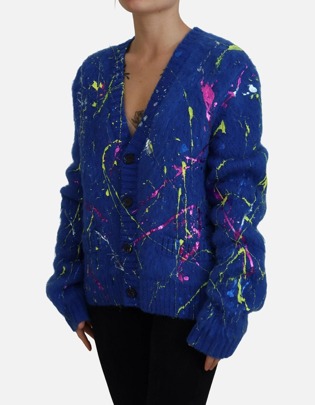 Mohair Cardigan Paint Splatter VNeck Women - Blue Sweaters