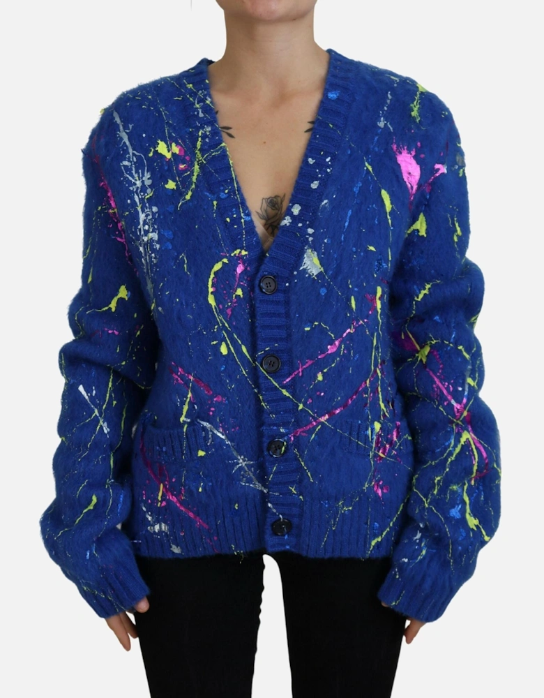 Mohair Cardigan Paint Splatter VNeck Women - Blue Sweaters