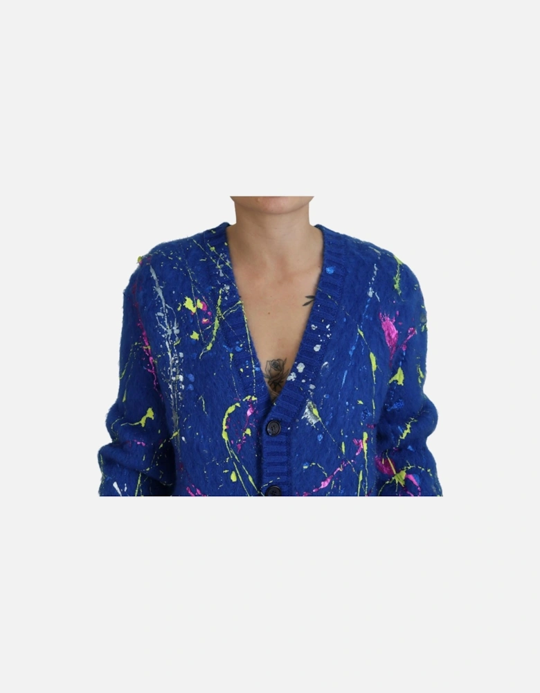 Mohair Cardigan Paint Splatter VNeck Women - Blue Sweaters