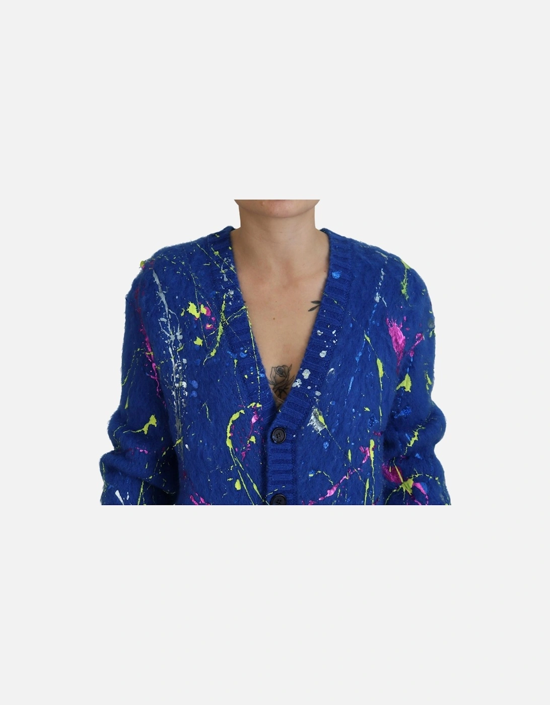 Mohair Cardigan Paint Splatter VNeck Women - Blue Sweaters