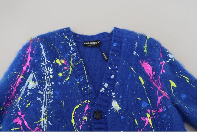 Mohair Cardigan Paint Splatter VNeck Women - Blue Sweaters