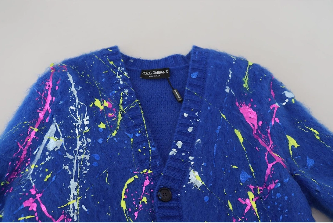 Mohair Cardigan Paint Splatter VNeck Women - Blue Sweaters