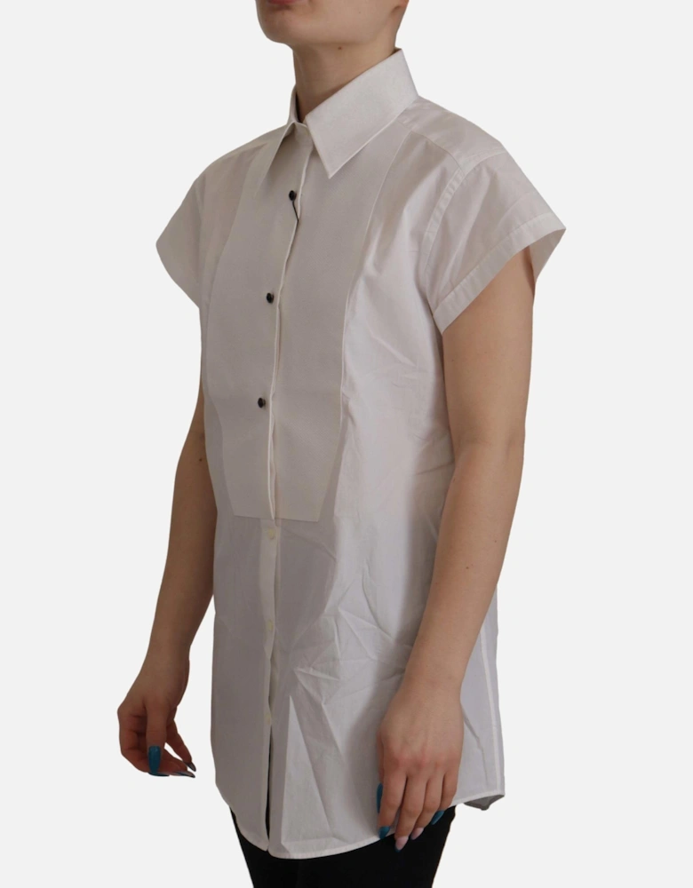 Sleeveless Tuxedo Style Cotton Top Women - White Shirts