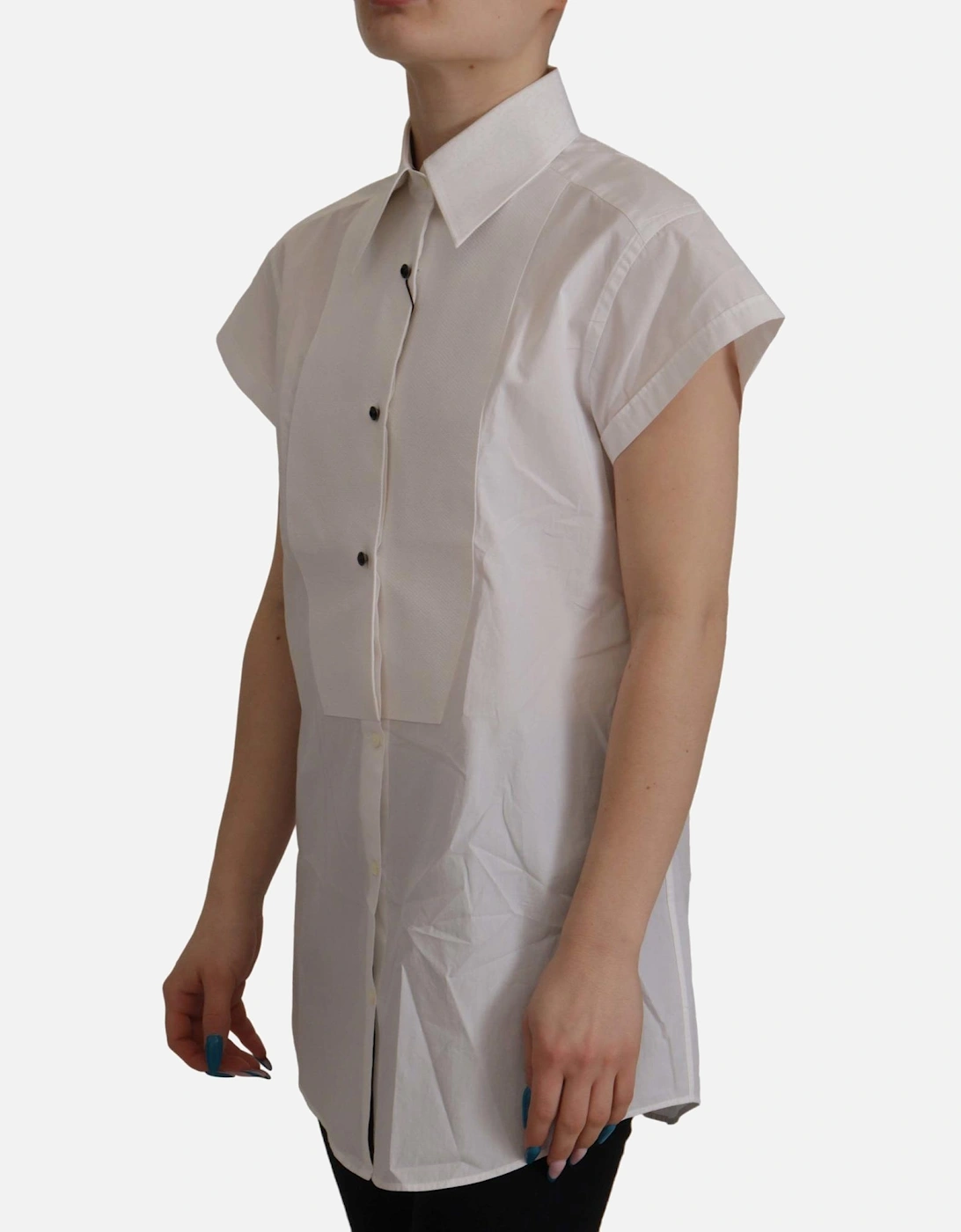 Sleeveless Tuxedo Style Cotton Top Women - White Shirts