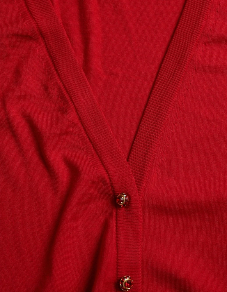 Red V-Neck Wool Cardigan for Women Sweaters